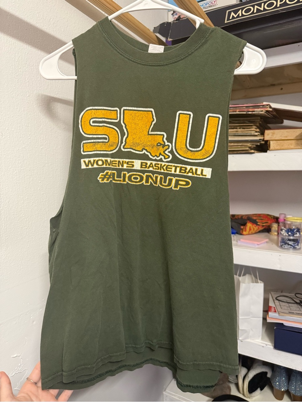 Gildan Olive Green Women's Sleeveless Tank with Yellow Graphic. cut shirt